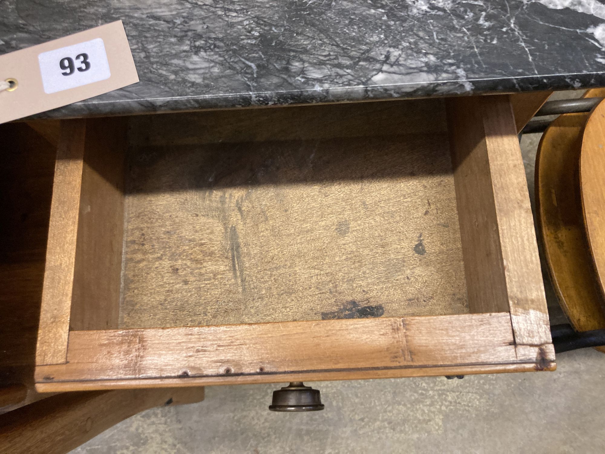 A 19th century French marble top walnut bedside cabinet, width 40cm, depth 34cm, height 80cm